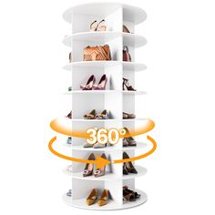 a white shelf with several pairs of shoes on it and an orange ribbon around the bottom