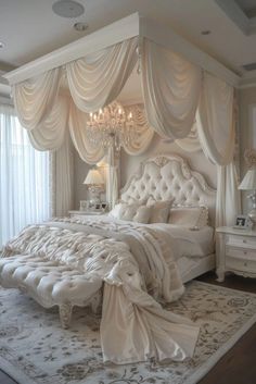 a white bed sitting under a chandelier next to a window with curtains on it