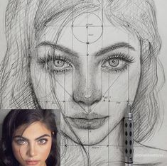 a woman's face is shown next to a drawing