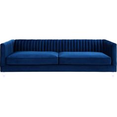 a blue velvet sofa with chrome legs and an upholstered back, viewed from the front