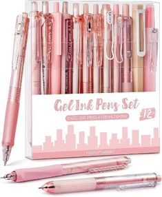 the pink pen set is in its box and contains 12 pens, including one for each individual