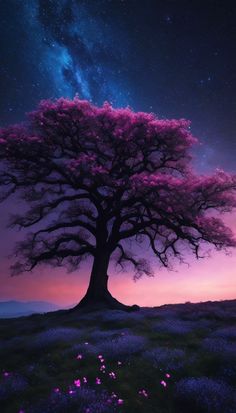 a tree with purple flowers in the foreground and a night sky filled with stars