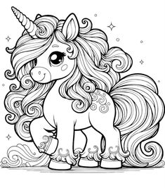 a cute unicorn with long manes and stars on it's head coloring page