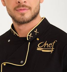 Gold embroidery Chef Lycra Cook Jacket of high quality Collar, sleeve pocket and back chef gold embroidery Black Gold Leaf "Chef" Embroidered Lycra Chef Jacket and with all the icons visible in the picture  It is made of first quality lycra fabric. The jacket is fastened on the front with 6 mother-of-pearl-plated free nickel snaps. The collar and cuffs of the product are embroidered with fork and knife motifs. It should sit from the waist. Long sleeves and cuffs must be folded. The word "Chef" i Chef Suit Design, Chef Coat Design, Chef Jackets Design, Chef Dress, Cool Memes, Chef Coats, Fork And Knife, Chef Jackets, Corporate Uniforms