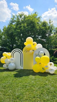 balloons and decorations on display in the grass