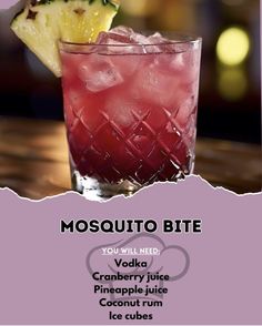 an advertisement for a drink called mosquito bite, featuring a pineapple and cucumber