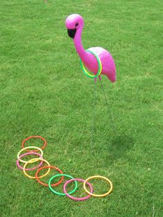 a pink flamingo standing on top of a lush green field next to rings in the grass