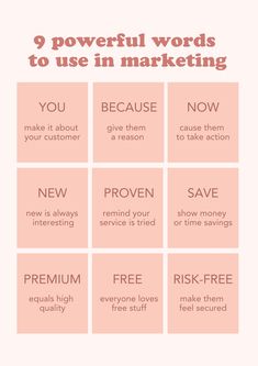 a pink poster with the words 9 powerful words to use in marketing and how to use them