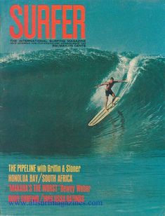 a magazine cover with a surfer riding a wave in the ocean on his surfboard