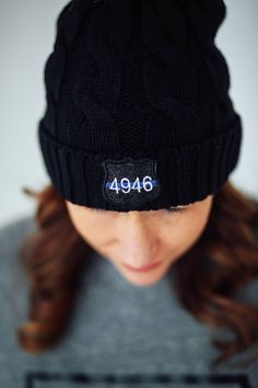 Black Cable Knit Pom Pom Hat | Custom Badge – Adorned and Worn Badge Gear