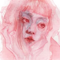 a watercolor painting of a woman's face with pink hair and red eyes