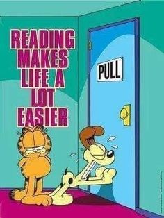 a cartoon character is talking to another person in front of a door that says reading makes life a lot easier