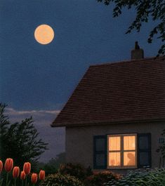 a painting of a house with the moon in the background and tulips growing outside