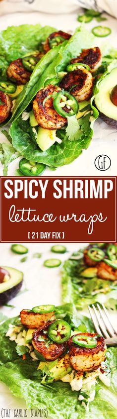 spicy shrimp lettuce wraps with avocado and bacon on top are ready to be eaten