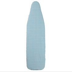 an ironing board cover with a blue and white checkered pattern on the front