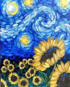 a painting of sunflowers and the night sky