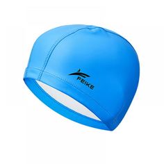 a close up of a blue swimming cap on a white background with the word fise written in black