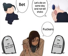 two people sitting next to each other in front of tombstones with speech bubbles above them