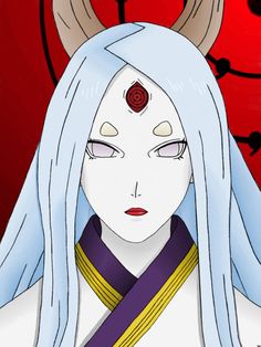 an anime character with long white hair and horns on her head is staring at the camera