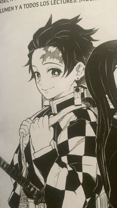 a drawing of two people with long black hair and checkered shirts, one holding a guitar