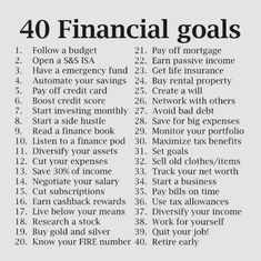 a newspaper article with the words 40 financial goals written in black and white on it