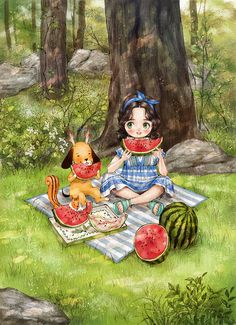 Forest Girl, A Dog, A Girl, Watermelon, Forest