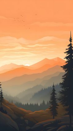 the sun is setting in the mountains with trees and birds flying over it on an orange sky day