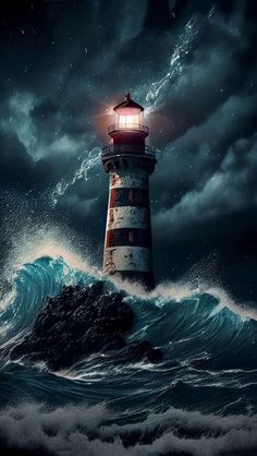 a lighthouse on top of a wave in the ocean