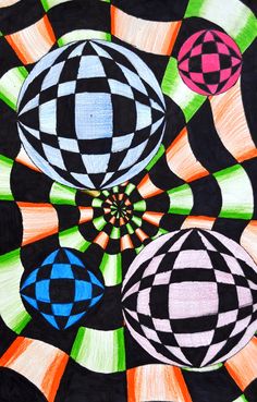 an image of three balls in the middle of a black and white background with colorful circles