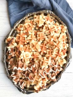 a pie with waffles on it and the words so soft and crispy