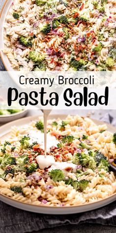 creamy broccoli pasta salad in a white bowl with a serving spoon being drizzled over it