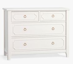 a white chest of drawers with gold handles and knobs on each drawer, against a white background