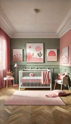 a baby's room with pink and green walls, chevron wood flooring and paintings on the wall