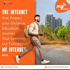 a man walking across a street with headphones in his ears and an orange background that says, the internet that powers your distance education journey