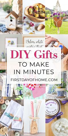 the words diy gifts to make in minutes on top of pictures of flowers and other things