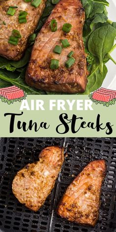 air fryer tuna steaks on the grill with spinach leaves