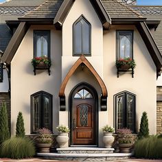 a large white house with black shutters and brown trim on the front door is surrounded by potted plants