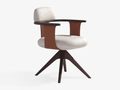 a chair with a wooden frame and white upholstered fabric on the armrests