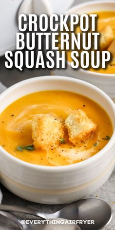 A bowl of crockpot butternut squash soup with writing Crock Pot Butternut Squash, Crockpot Butternut Squash Soup, Crockpot Butternut Squash, Butternut Squash Soup Crockpot, Recipe With Ginger, Butternut Soup, Ginger Honey, Butternut Squash Recipes Soup, Squash Soup Recipe