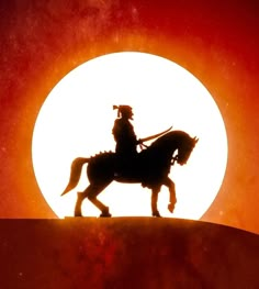 a silhouette of a man riding on the back of a horse