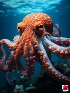 an orange octopus swimming in the ocean with blue water and bubbles on it's back