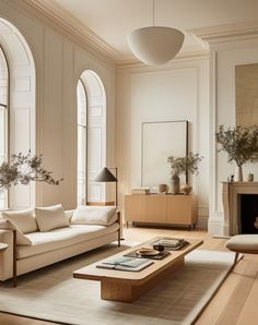 a living room filled with furniture and a fire place in front of two arched windows