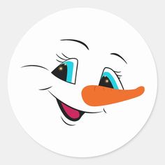 the face of a smiling clown with blue eyes and orange nose, on a white background