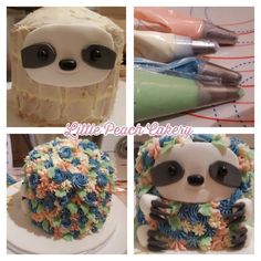 four different pictures of a cake decorated like a slotty bear with flowers on it