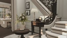 a staircase in a house with flowers and pictures on the wall next to it's railing