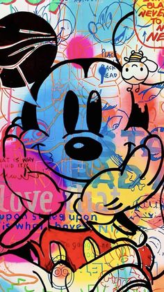 a mickey mouse painting with lots of colorful graffiti on it's face and head