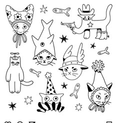 black and white cartoon cats with party hats