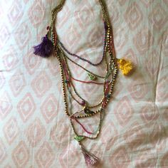 Such A Fun Necklace! Seven Strands Of Different Beads Layered Into One Necklace With Bird Charms And Tassels! Never Worn, Great Condition. Fiber Necklace, Bird Charm, Cool Necklaces, Jewelry Designs, Bead Necklace, Accent Colors, Womens Jewelry Necklace, Favorite Jewelry, Tassels