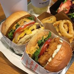 two chicken sandwiches and onion rings on a tray