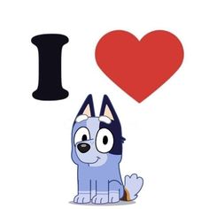 a blue dog sitting in front of a red heart with the word i love it